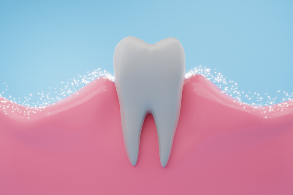 A close-up 3D illustration of a white tooth surrounded by healthy pink gums, with sparkling effects symbolizing cleanliness and oral hygiene.