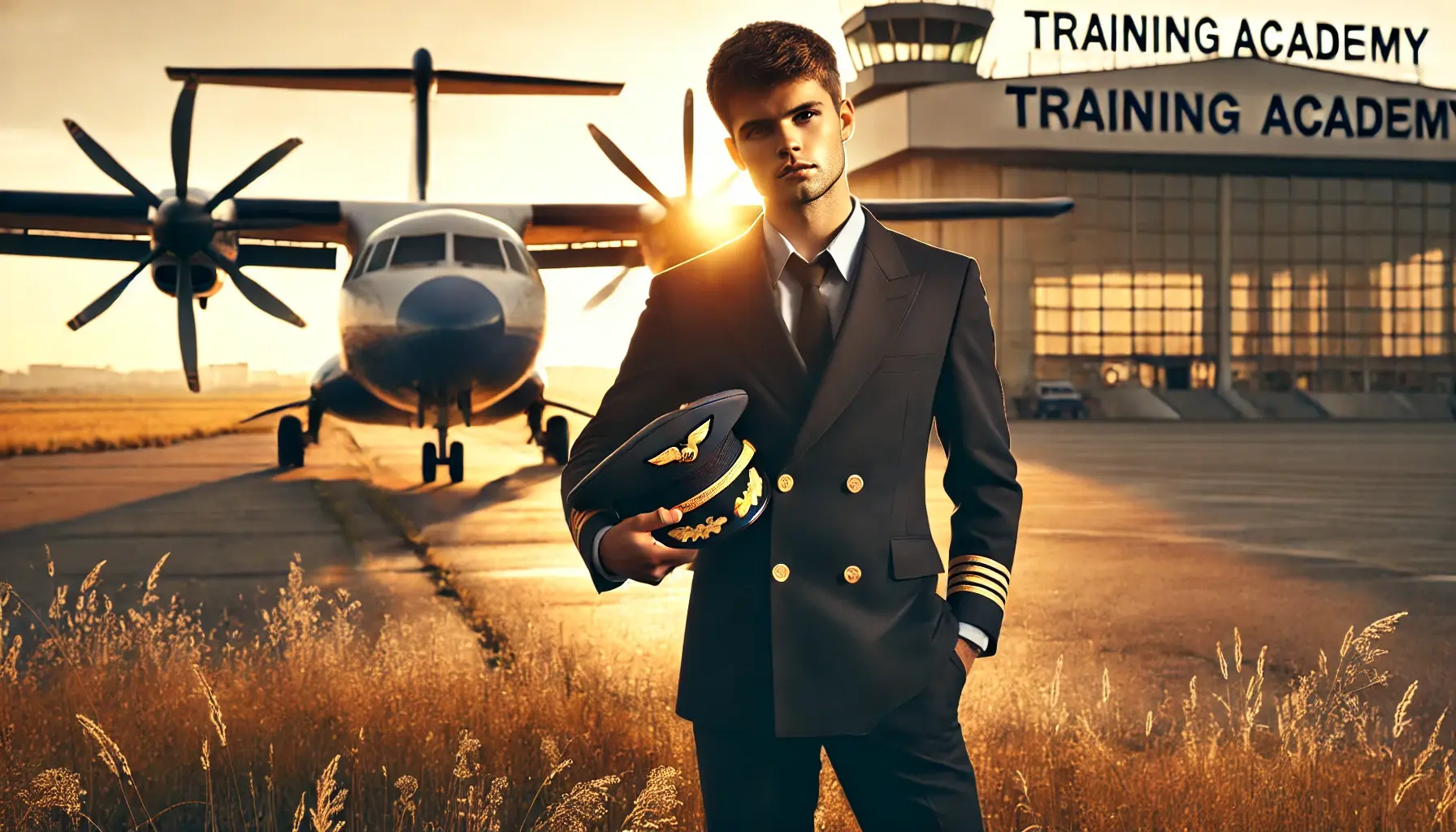 A young aspiring pilot standing confidently on an airfield, wearing a pilot uniform and holding a cap, with an airplane in the background during a sunrise, symbolizing ambition and the dream of flying.
