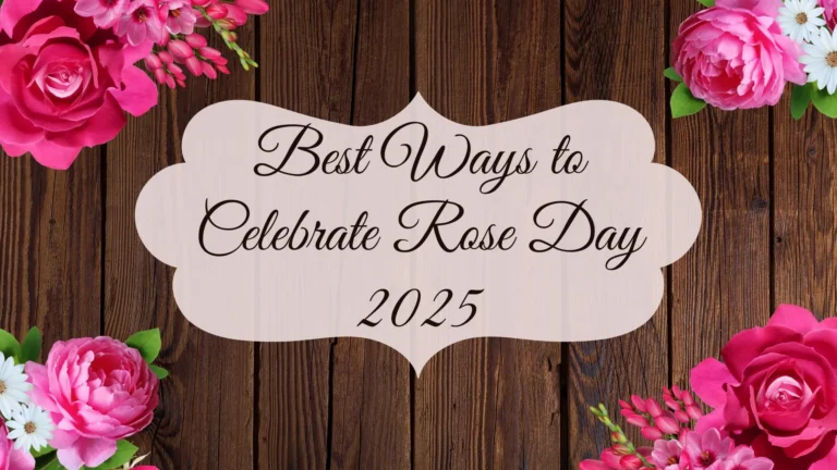 A beautifully designed wooden background with vibrant roses and floral decorations, featuring elegant text about celebrating Rose Day 2025.