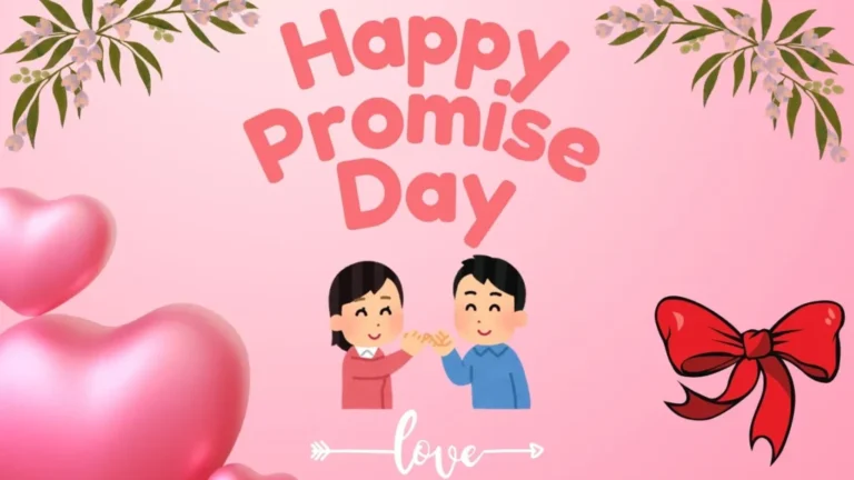 A charming illustration of a couple making a pinky promise, set against a soft pink background decorated with hearts, floral elements, and a red ribbon to celebrate Promise Day.
