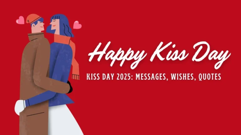 A romantic illustration of a couple embracing against a red background, celebrating Kiss Day 2025 with heartfelt messages and wishes.