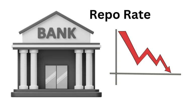 A 3D illustration of a bank building with a downward-trending red graph, symbolizing the impact of a repo rate cut by the Reserve Bank of India (RBI).