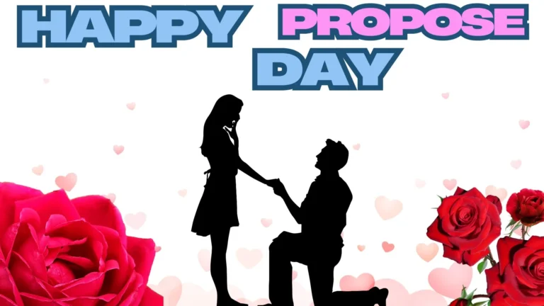 A romantic silhouette of a man proposing to a woman, surrounded by vibrant red roses and floating hearts, with bold text wishing "Happy Propose Day."
