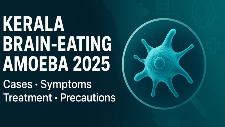 Kerala Brain-Eating Amoeba 2025: Naegleria fowleri close-up over Kerala map, news cover on cases, symptoms, treatment and precautions.
